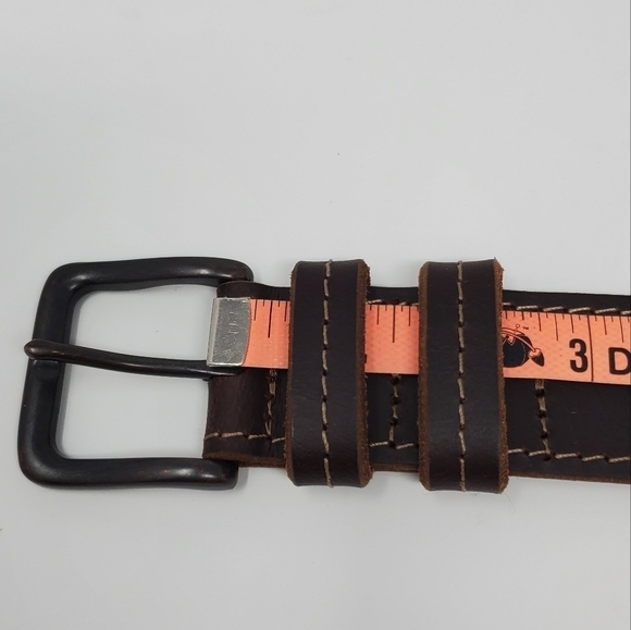 WRANGLER COCO BROWN LEATHER BELT TAN STITCHING PEWTER METAL BUCKLE MEN - Picture 9 of 12